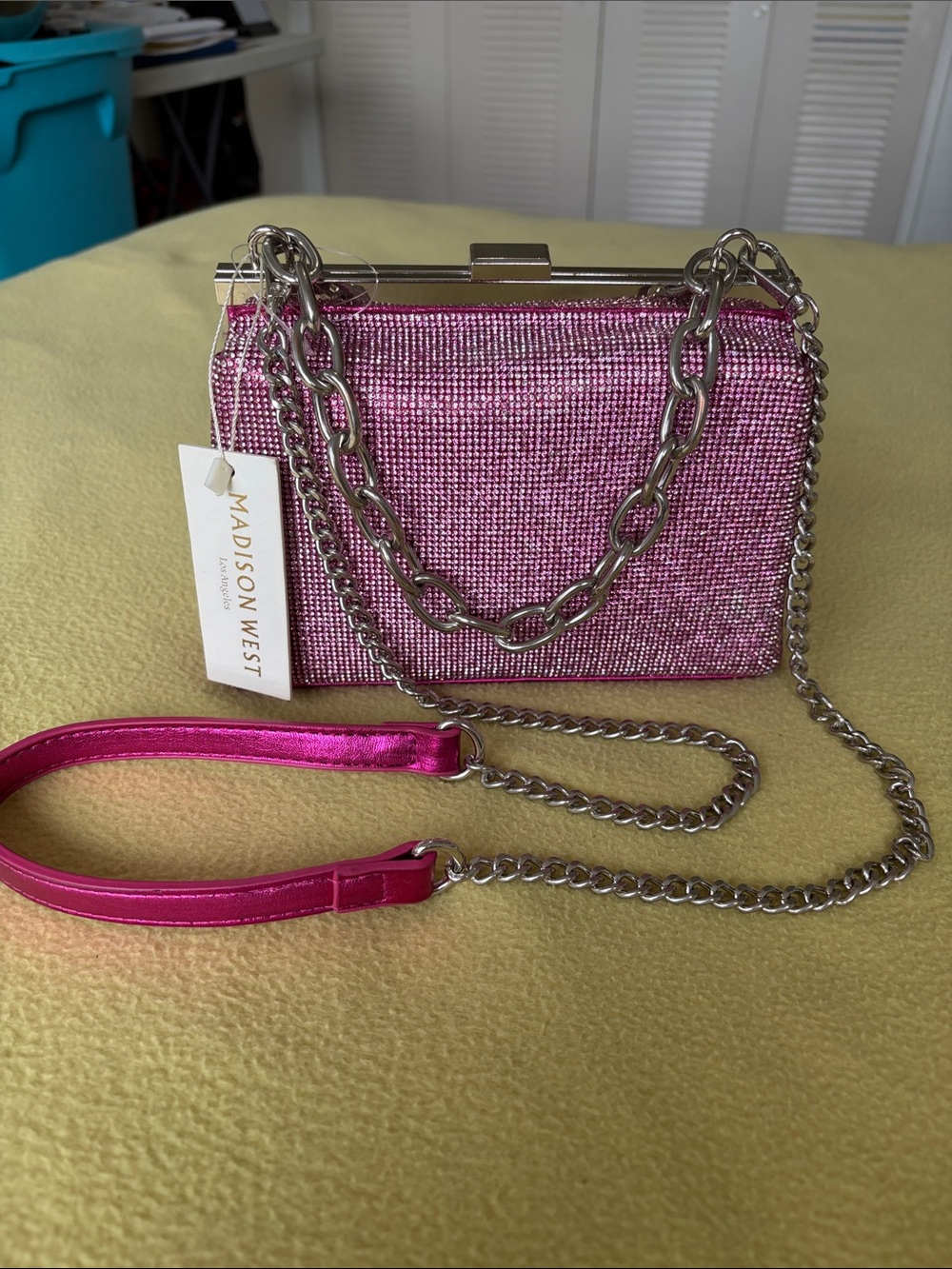 Madison West Hot Pink Crystal Box Clutch with Silver Chain